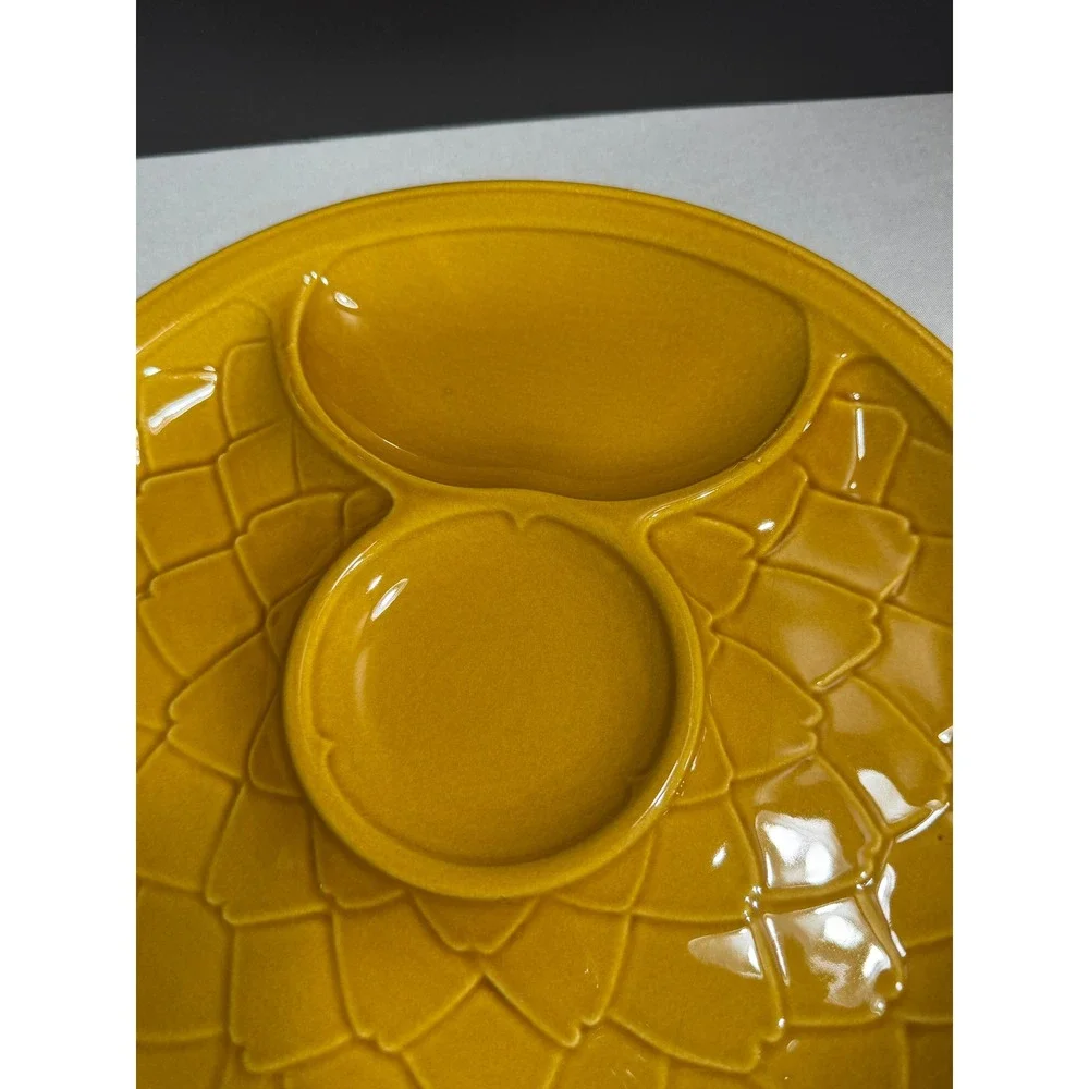 Vintage Salins France Artichoke Plate Mustard Yellow Ceramic Petal Serving Dish